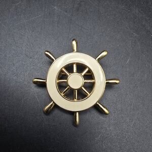 Crown Trifari Gold Tone Helm Brooch Ship Boat Steering Wheel Vintage